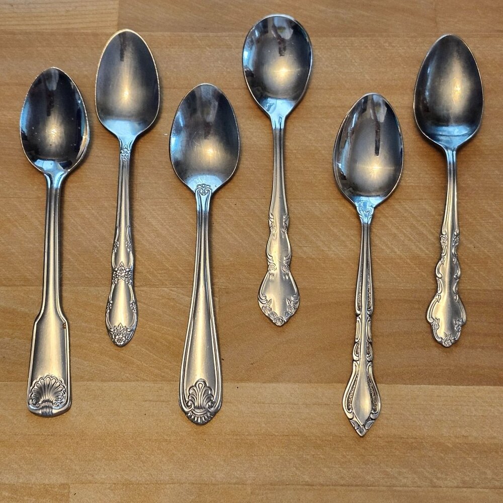 Mismatched Stainless Steel Teaspoons Floral Handles Set of 6 Various Designs
